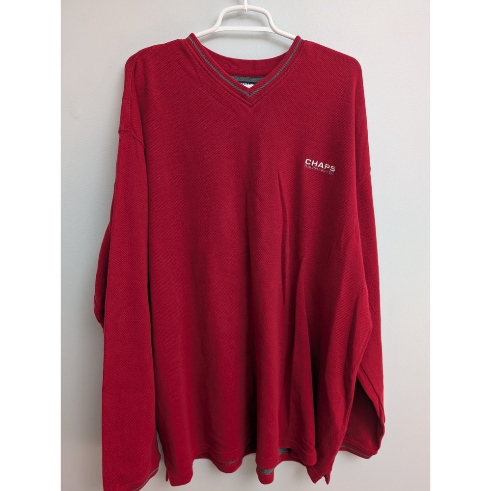 C5 Vtg 90's Men CHAPS RALPH LAUREN Spellout V-Neck Knit Sweatshirt XXL Red